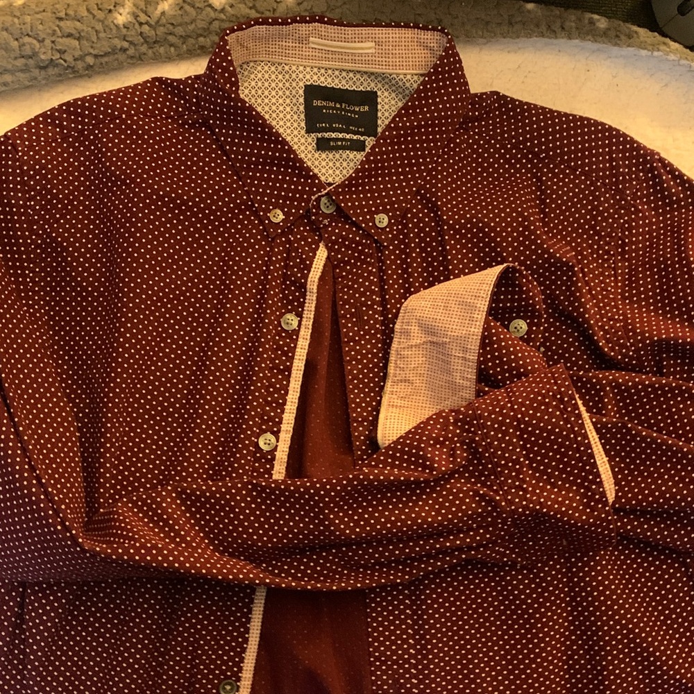 Burgundy Denim & Flower long sleeve casual dress button down. Fancy cuffs